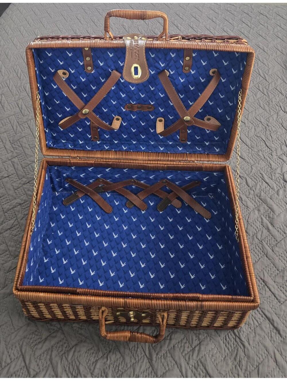 Vintage Grey Goose Vodka Wicker & Leather Picnic Suitcase Basket Brown